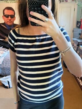 Navy and white striped short sleeve sweater
